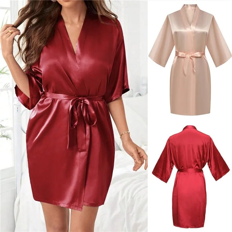 Women Silk Satin Short Night Robe Solid Kimono Robe Fashion Bath Robe Sexy Bathrobe Peignoir Femme Wedding Bride Bridesmaid Robe