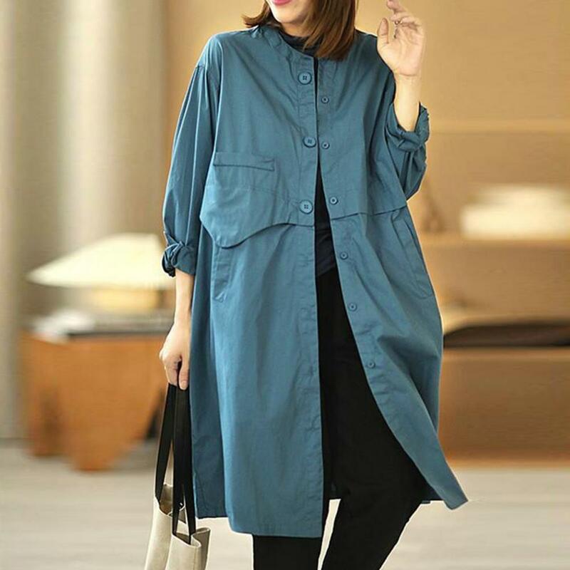 Jaqueta de capa aberta feminina, trench coat, plus size, ajuste solto, monocromático, bolsos, elegante, outono