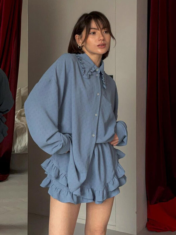 Marthaqiqi-Pyjama à manches longues et col claudine pour femme, ensemble de vêtements de nuit pour femme, short décontracté, bleu, trempé, 2 pièces
