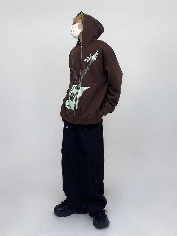 Jaket motif gitar Punk Rock Harajuku, pakaian pasangan Hoodie katun longgar tren musim gugur dan musim dingin Y2k