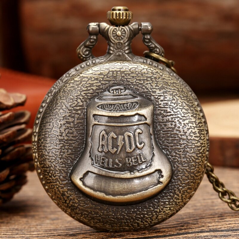 Reloj de bolsillo de bronce para hombres y niños, colgante de collar de cuarzo con tema de campana, Vintage, ACDC