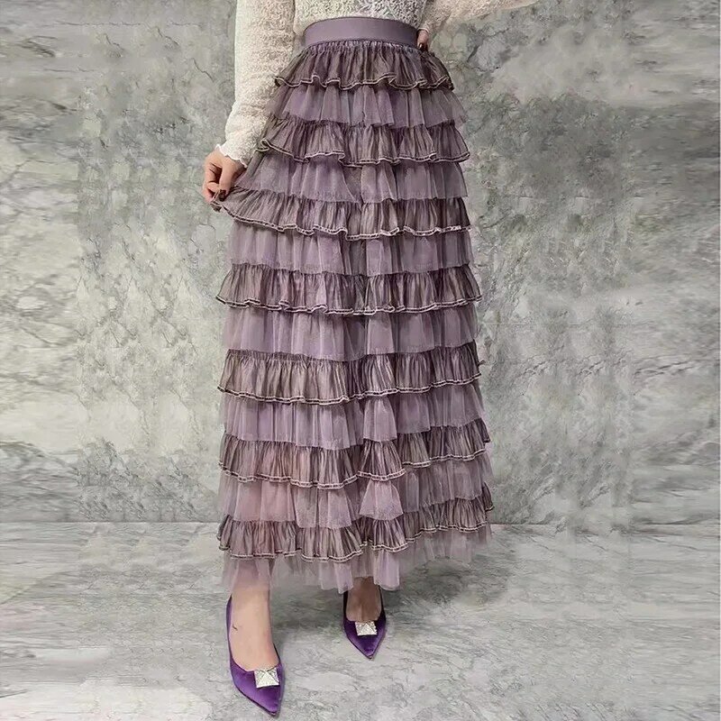 Cake Long skirts for Women Autumn Mesh Tierred Ruffles Patchwork Skirts Female A-line Skirt Casual Fashion Style Skirts Q924
