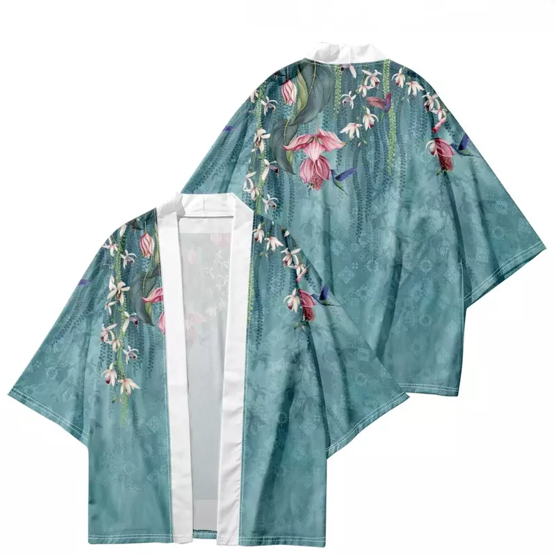 Yukata con estampado de flores Sakura para hombres y mujeres, cárdigan de moda, blusa Haori Obi, ropa asiática, Kimono de Cosplay japonés Harajuku