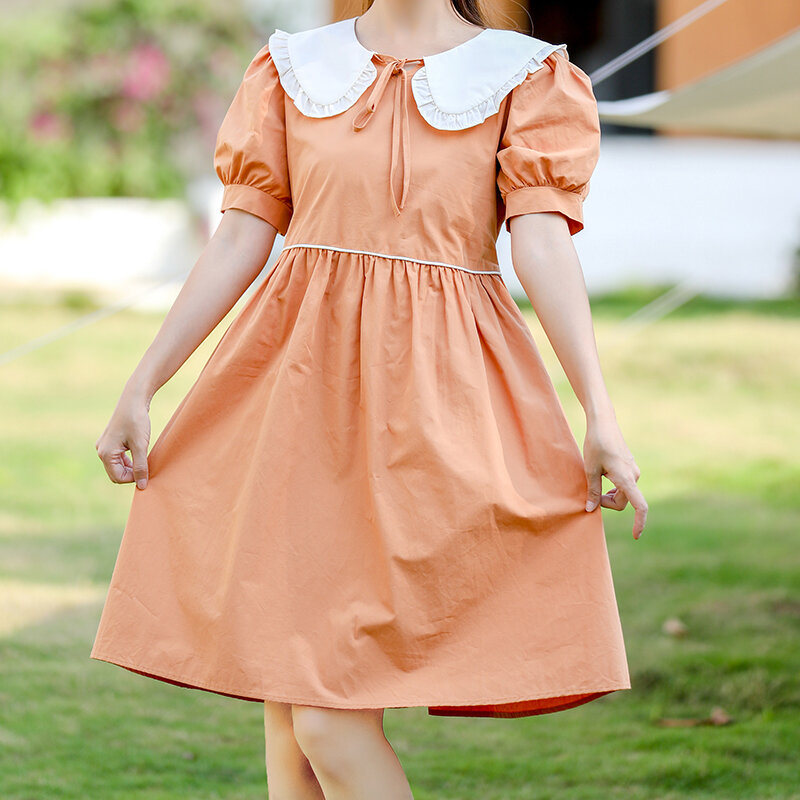 Styl Mori Girl solidna przedsionka nowa letnia moda Mini sukienka z krótkim rękawem