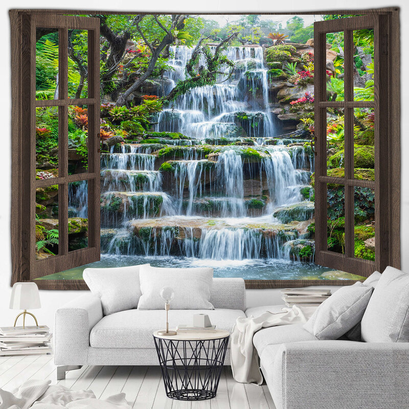 Tropical Waterfall Landscape Tapestry Zen Green Bamboo Ocean Beach palme Island Scenery Garden Wall Hanging Home Room Decor