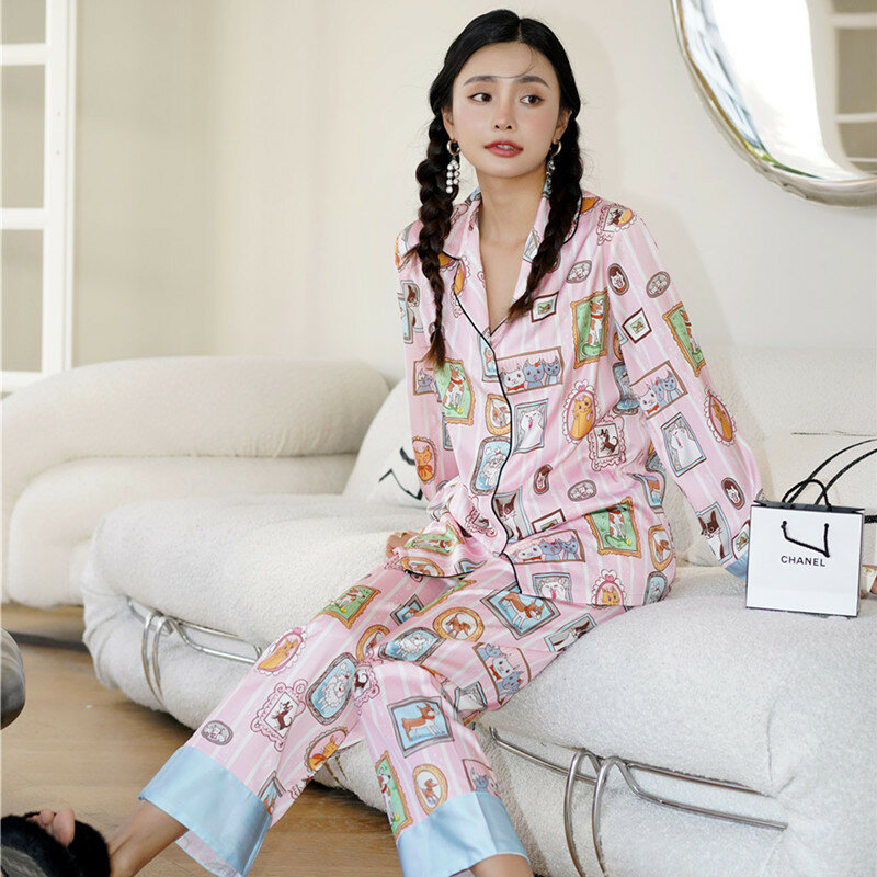 Pyjama en soie glacée imprimé de dessin animé pour femme, ensemble de vêtements de nuit à manches longues, printemps et été