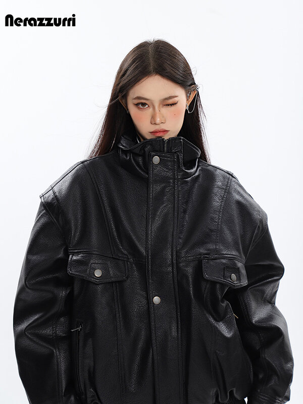 Nerazzuri 여성용 블랙 PU 가죽 재킷, 특대형 방풍 방풍 2023, 럭셔리 디자이너 유니섹스 의류, 두꺼운 집업, 봄 가을