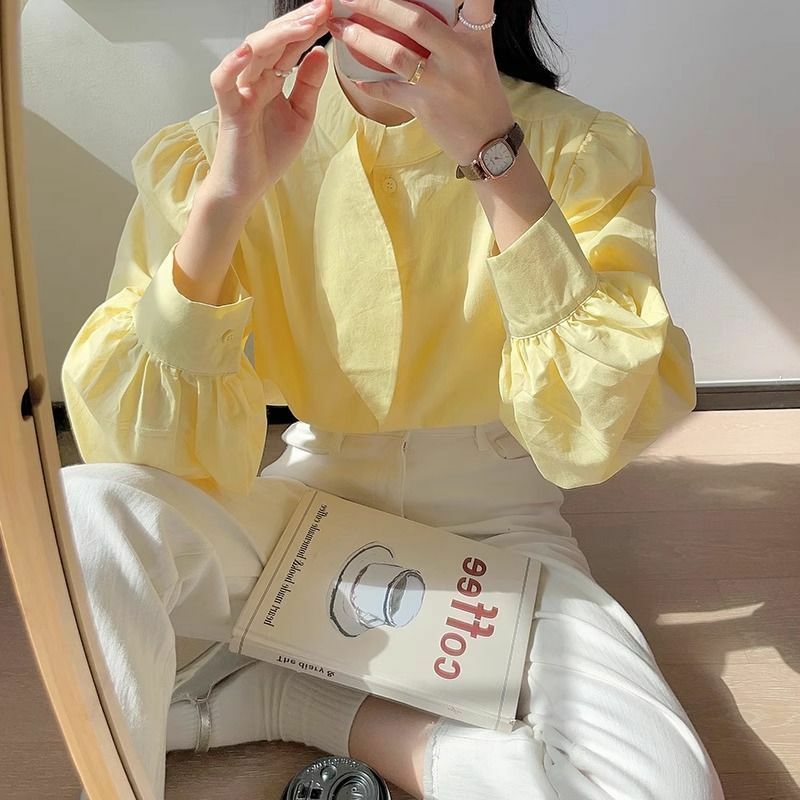 女性用単色スタンドカラーブラウス,プリーツボタン付きカジュアルスプリングシャツ,長袖