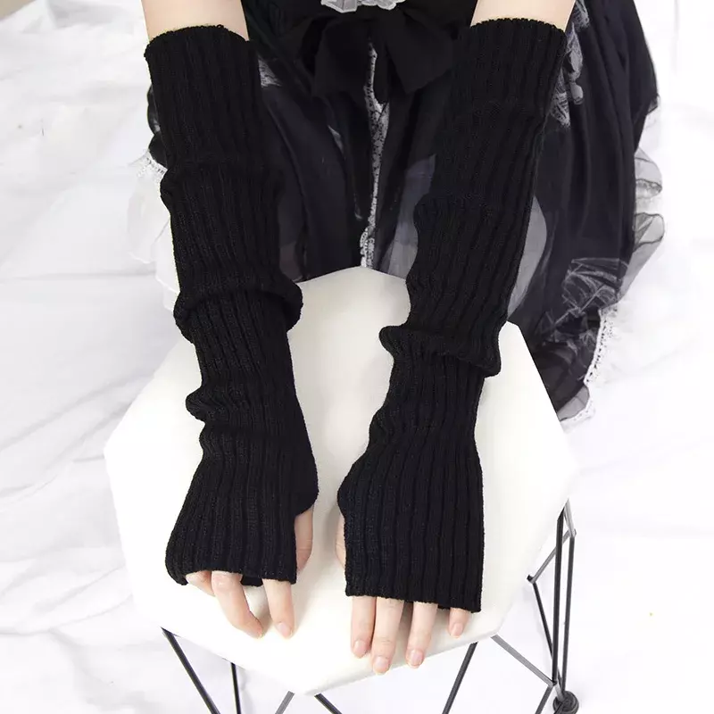 White Lolita Style Long Fingerless Gloves Women Winter Arm Warmer Knitted Arm Sleeve Casual Soft Girls Punk Gothic Mittens
