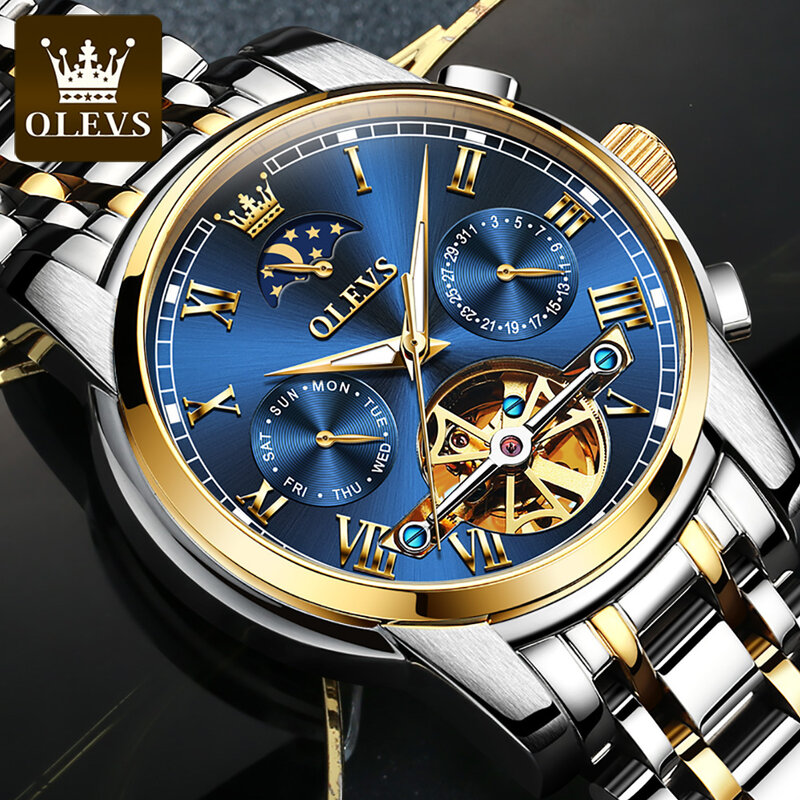 OLEVS-Reloj de pulsera para hombre, cronógrafo mecánico totalmente automático, resistente al agua, de lujo, Original