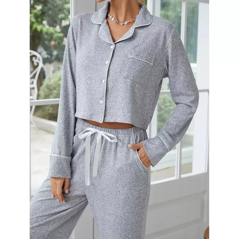 Solid Color Womens Pajamas Set 2 Pieces Long Sleeve Sleepwear Button Down Notched Collar Crop Nightwear Soft Pj Lounger Suit