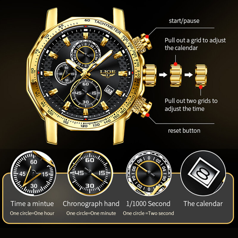 LIGE-Montre-bracelet à quartz en acier pour homme, grande montre de sport, chronographe, design doré, horloge militaire, marque supérieure, luxe