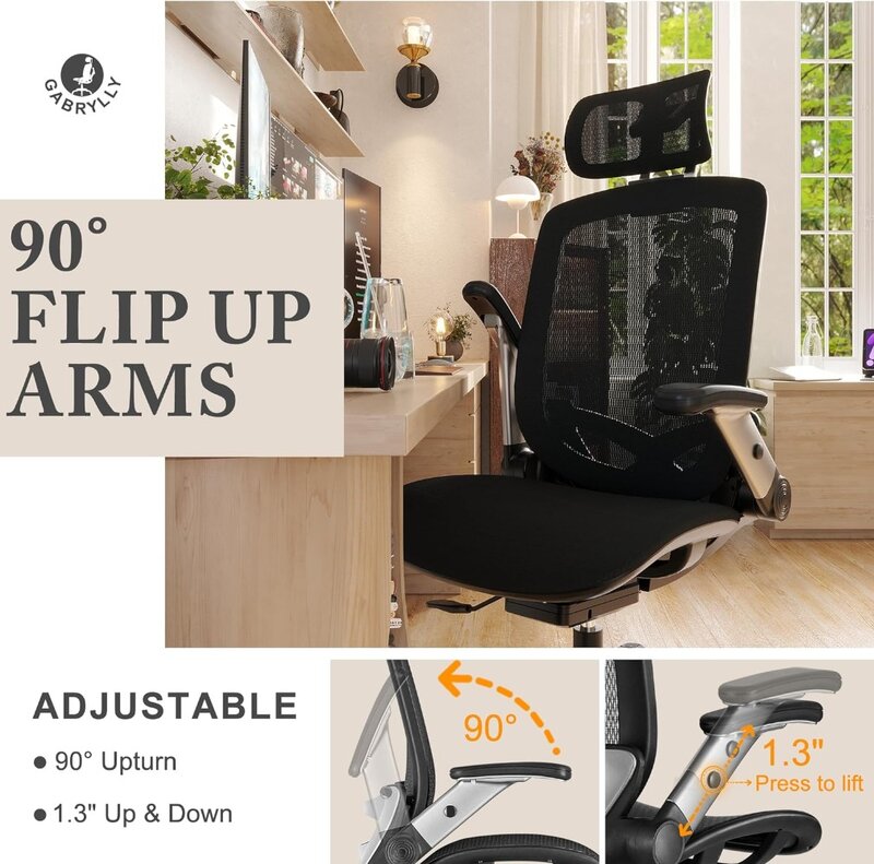 GABRYLLY-Cadeira ergonômica de escritório Mesh, cadeira de mesa com encosto alto com assento deslizante, braço ajustável e encosto de cabeça 2D