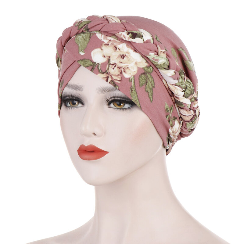 Jilbab kepang untuk wanita, Turban wanita Muslim motif bunga, penutup kepala elastis untuk pesta elegan, Hijab Muslimah