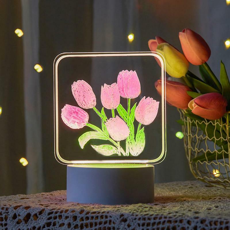 Lampu bunga Tulip DIY, peralatan rumah lampu malam cermin Tulip kerajinan tangan lampu meja tidur kamar tidur