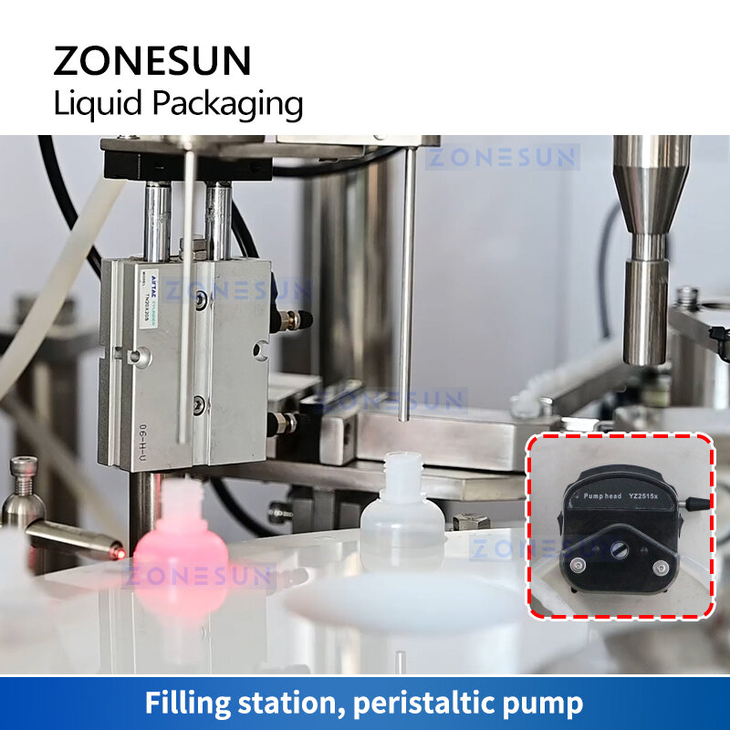 ZONESUN-máquina automática de envasado de líquidos, equipo de llenado y tapado de botellas de aceite esencial para gotas de ojos, divisor de cámara ZS-AFC450-2