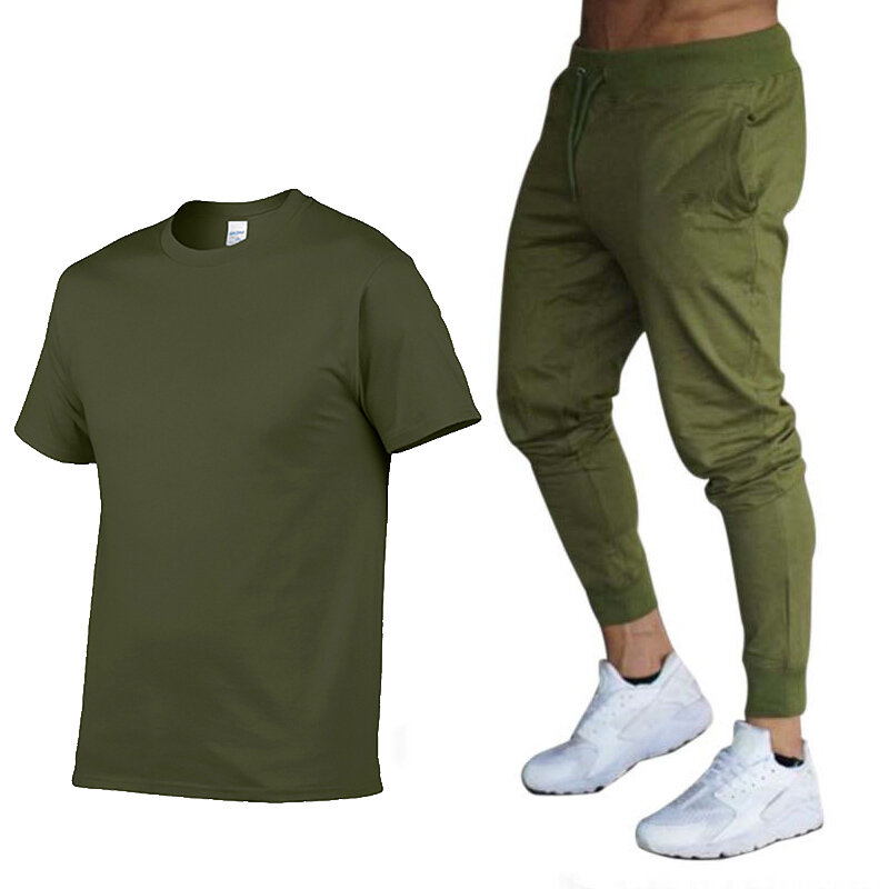 Костюм спортивный мужской однотонный из футболки и брюк, хлопок, короткий рукав, повседневный комплект, летняя одежда
