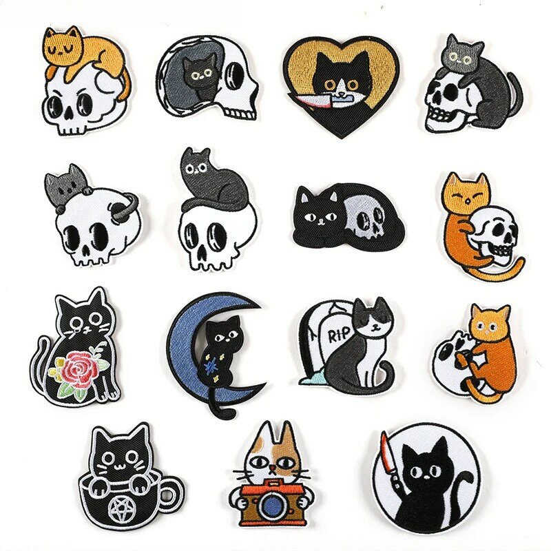 New DIY Label Embroider Patch for Clothing Hat Pants Bag Jean Fabric Sticker Fast Iron on Accessories Emblem Cartoon Skull Cat