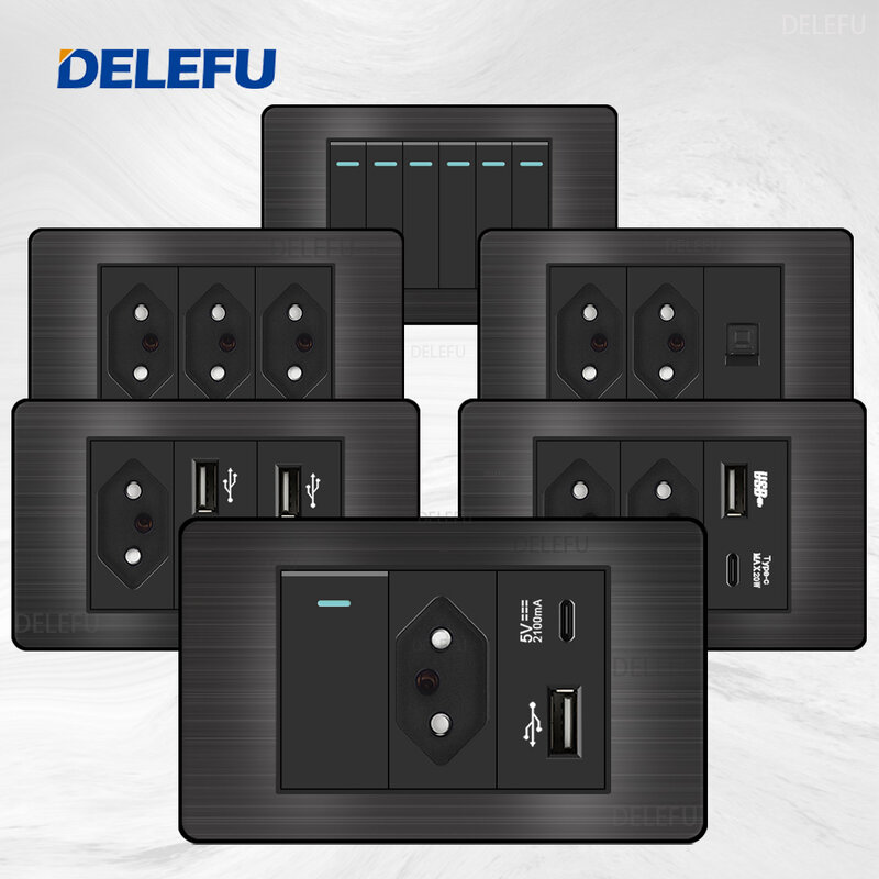Delefu-edelstahl schwarz panel serie brasilien standard schalter 10a steckdose computer usb typ c wand steckdose