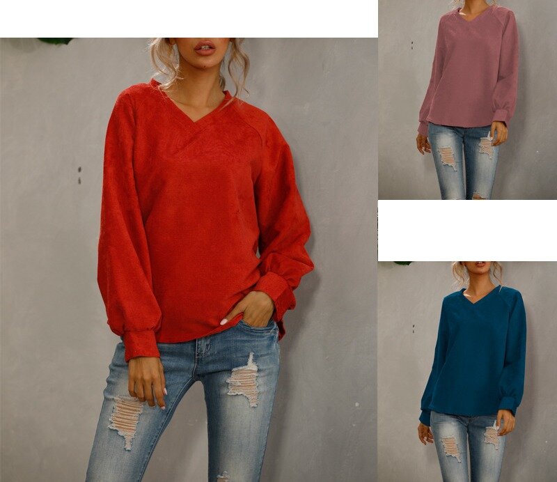 Spring and Autumn New V-neck Corduroy T-shirt Solid Color Pullover Loose Fitting Long Lantern Sleeve Sweatshirts for Women