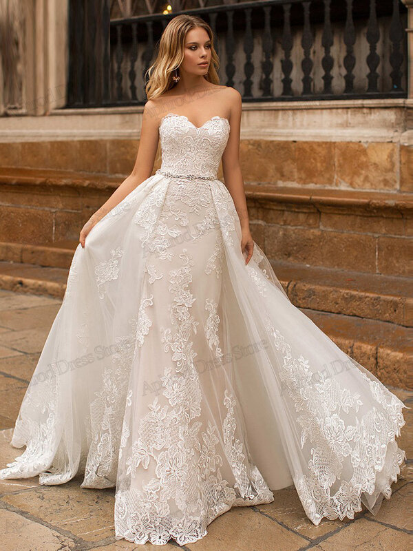 Gaun pengantin indah gaun pengantin cantik renda applique dengan kereta dapat dilepas tanpa tali seksi Backless Vestidos De Novia