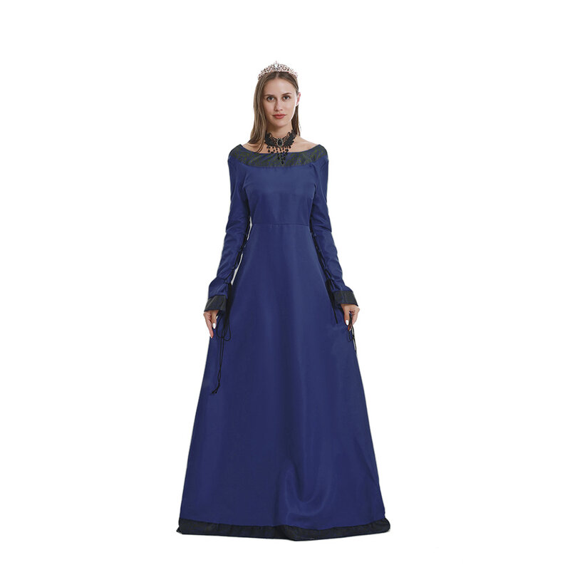 여성용 중세 빈티지 드레스, 유럽 및 미국 클래식 유럽 중앙 파티, 긴 소매 라운드 넥 드레스