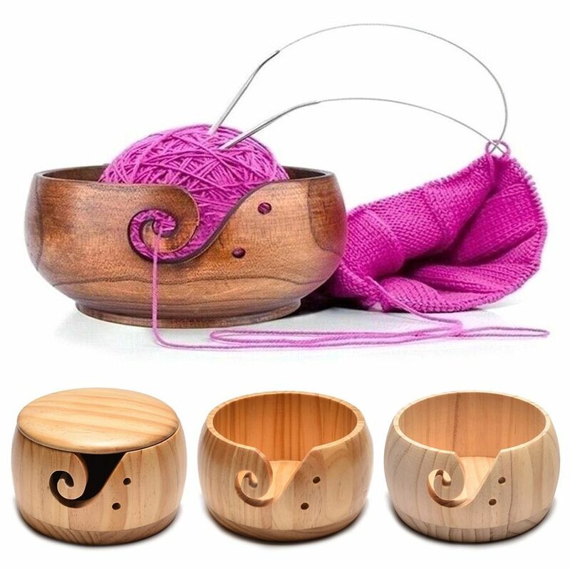 Bolsa con agujeros hechos a mano, cesta de almacenamiento de tejido de lana, cuenco de hilo de madera, soporte de lana, organizador, herramienta de tejido de ganchillo