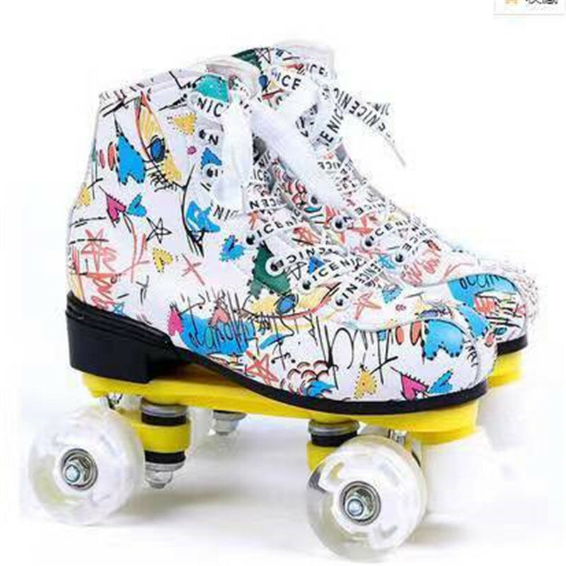 Chaussures de patinage graffiti à double noyau pour hommes et femmes adultes, patins à roulettes flash à quatre roues, patinoire double