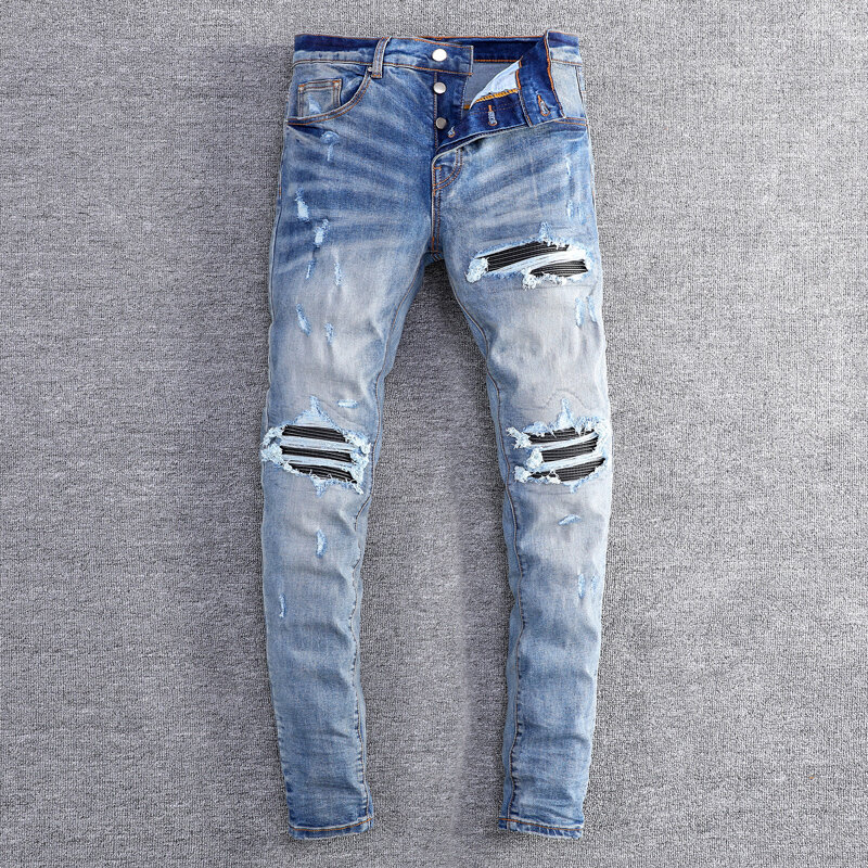 Джинсы мужские Стрейчевые в стиле ретро, модные рваные джинсы скинни, с заплатками, дизайнерские Брендовые брюки в стиле хип-хоп, синие