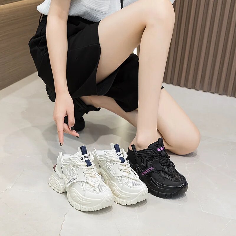 Sepatu wanita kulit asli, 10.5cm Chunky, sneaker Platform Wedge, nyaman dan berongga, musim panas