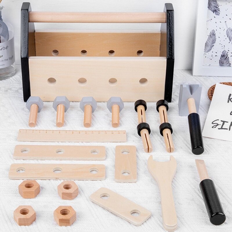 Drewniana skrzynka narzędziowa dla dzieci zestaw narzędzi do naprawy DIY dla dzieci w wieku przedszkolnym zabawka rozwijająca