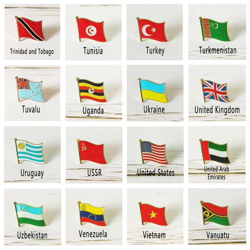 National Flag โลหะ Lapel Pin ประเทศ Badge ทั้งหมด World ตูนิเซียตุรกียูกันดายูเครนสหราชอาณาจักรสหรัฐอเมริกา USSR Tuvalu