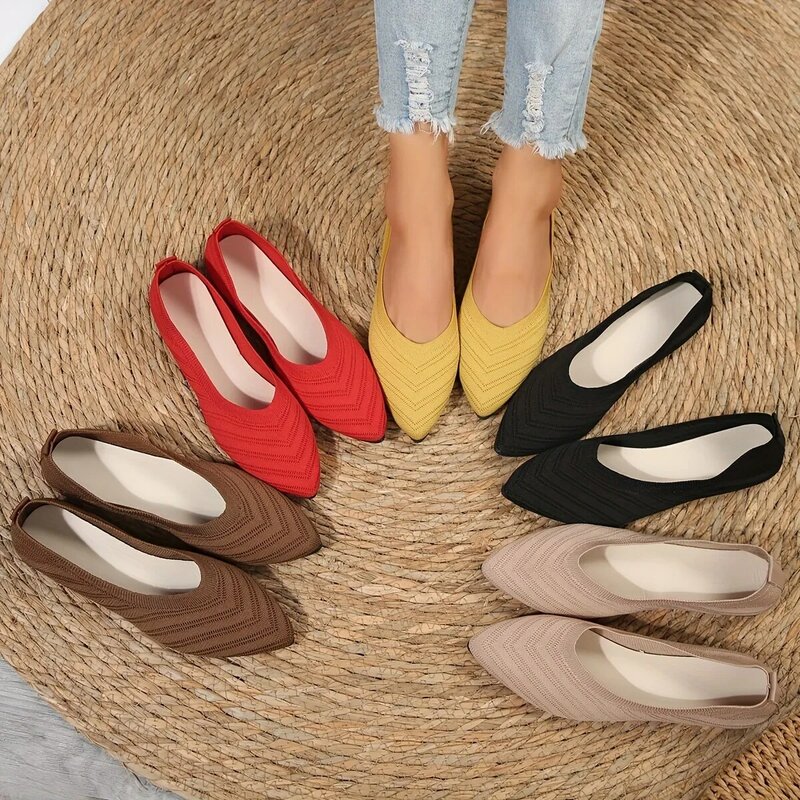 Pointed Toe Flat Shoes Women Solid Color Knitted Slip on Shoes Casual Breathable Ballet Flats Women Loafers Comfort Ladies Shoes