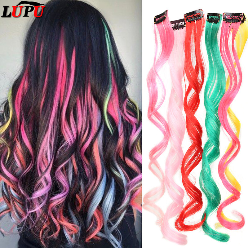 LUPU extensiones de cabello sintético con un Clip, pieza de cabello arcoíris resistente al calor para niños y mujeres, cabello largo y rizado, estilo ondulado, colorido