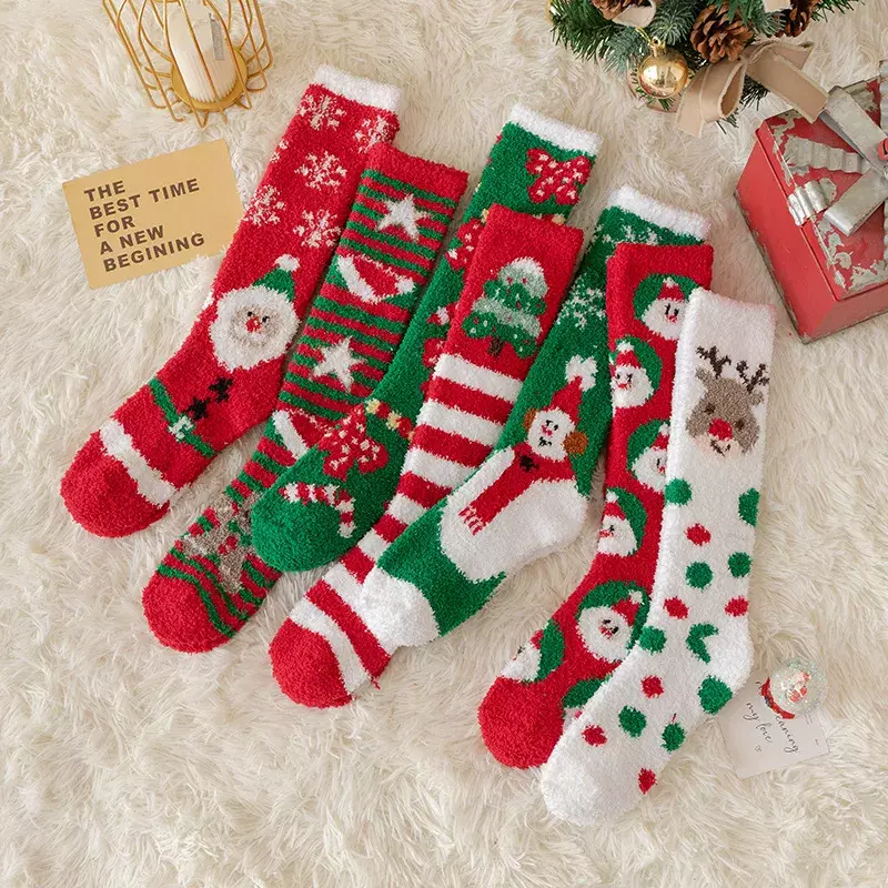 Chaussettes hautes épaisses au genou pour femmes, bas à tube long, jambières, chaussettes de mollet pour filles, lieux de Noël, sourire, hiver