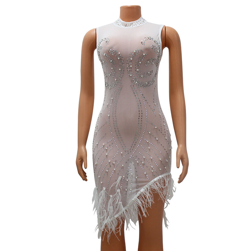 New Fashion Feather Pearl Diamond Sheer Mesh Mini Party Dress canotta asimmetrica senza maniche con collo in piedi Sexy da donna