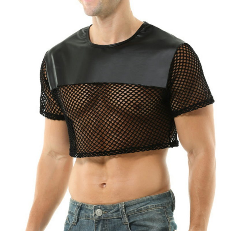 Men's Top t-Shirt Sexy And Provocative Leather Transparent Hollow Out Round Neck Large Top Breathable and Sexy Outer Garment