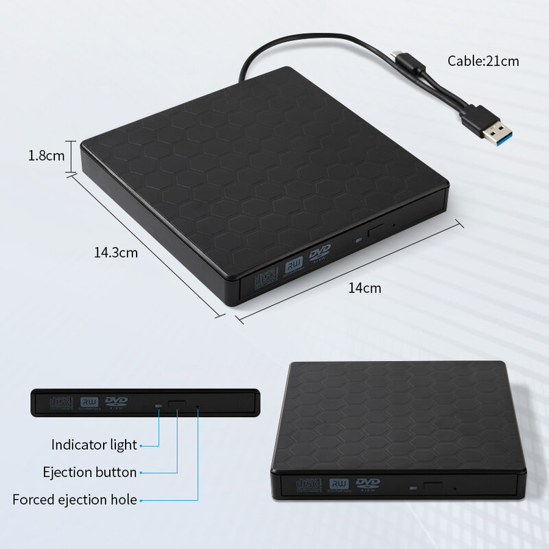 AMMTOO External DVD Drive USB 3.0 Portable +/-RW Player for CD ROM Burner Compatible with Laptop Desktop PC Windows