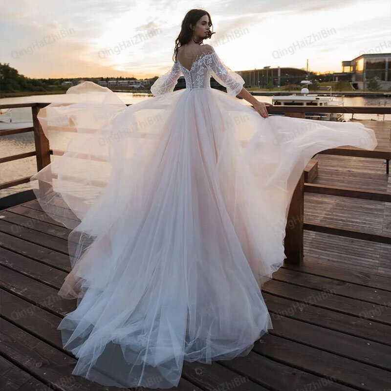 Vestido de noiva manga bolha gola V, ilusão frisada vestidos de noiva, cauda longa francesa, tule glamouroso, fino