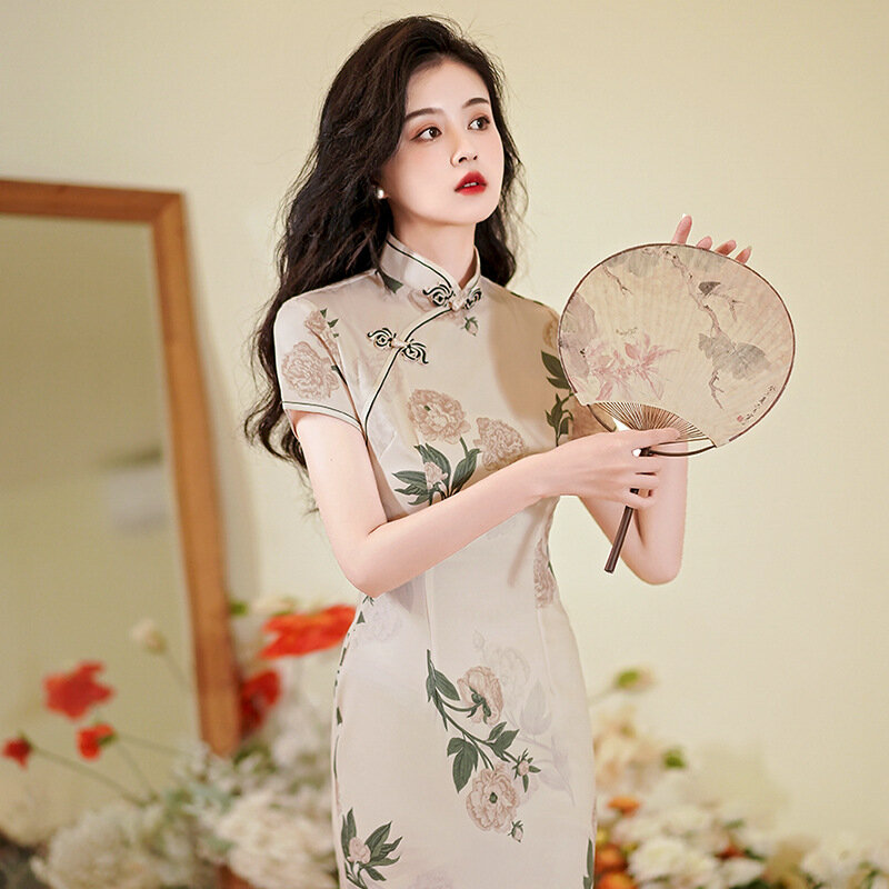 Qipao tradicional y Sexy para mujer, Cheongsam con estampado moderno, vestidos chinos elegantes y mejorados para verano