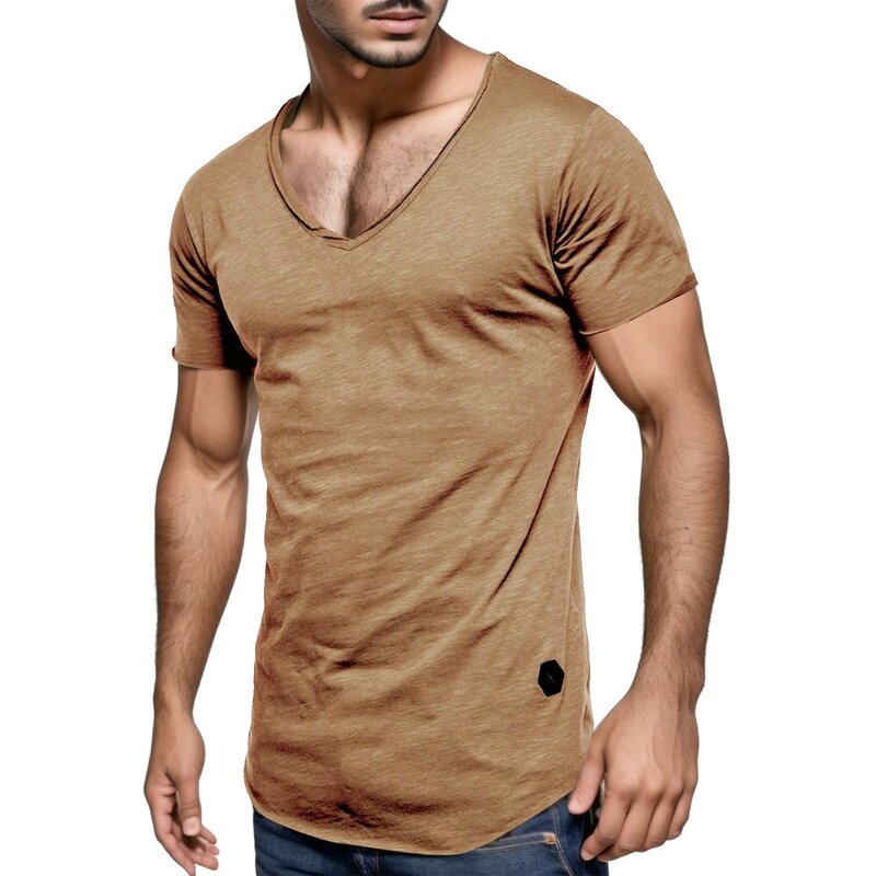 Camisa de manga corta con cuello en V para hombre, blusa informal, cómoda, transpirable, Color sólido, talla grande, Verano