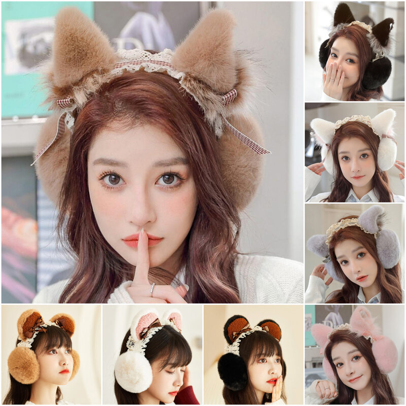 Earmuff Foldable Plush Cat Ears Shape Solid Color Lolita Style Keep Warm Anti-slip Faux Fur Winter Ear Covers Winter Stuff