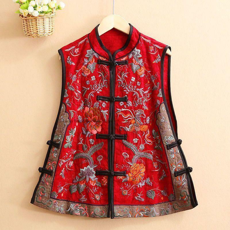 Outono Novo Estilo Chinês Bordado Vintage Mulheres Vest Tangsuit Qipao Casaco Tradicional Oriental Vintage Colete Solto Top AB12