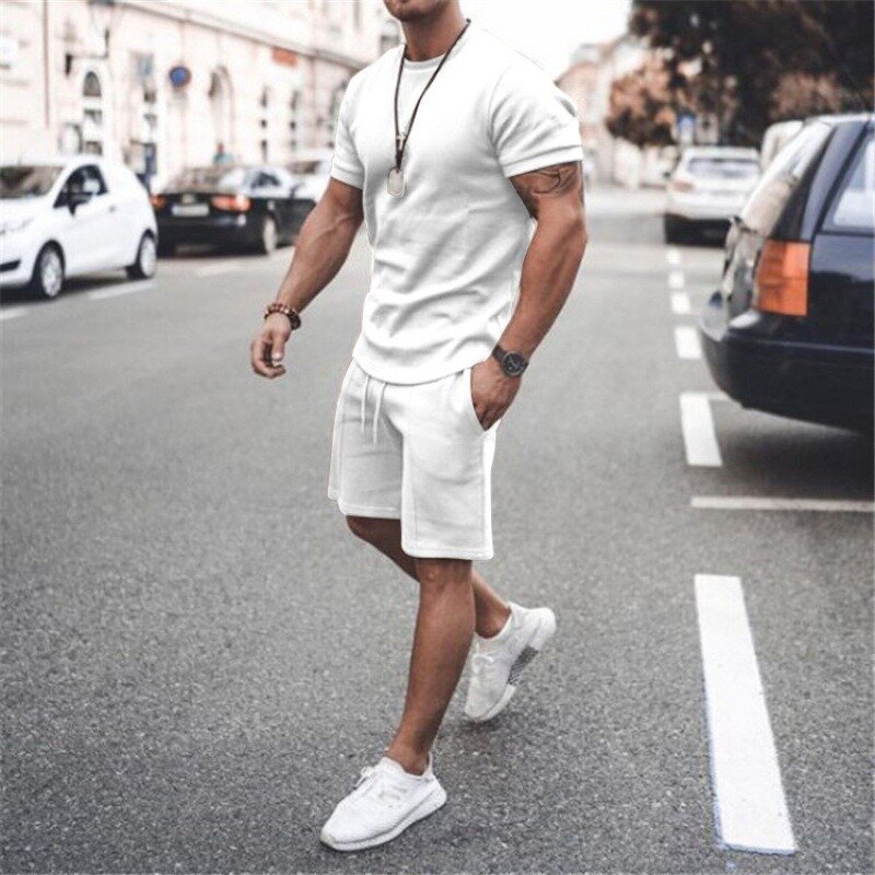 Men's Casual Sports Suit Solid Color Fitness Running Short-sleeved T-shirt