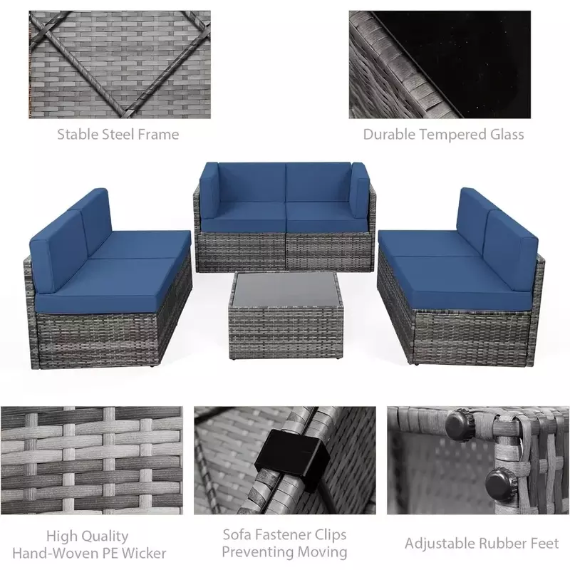 Rattan Wicker Jardim Sofá Set, Mobiliário secional ao ar livre, cadeira com almofadas e mesa de chá, cinza