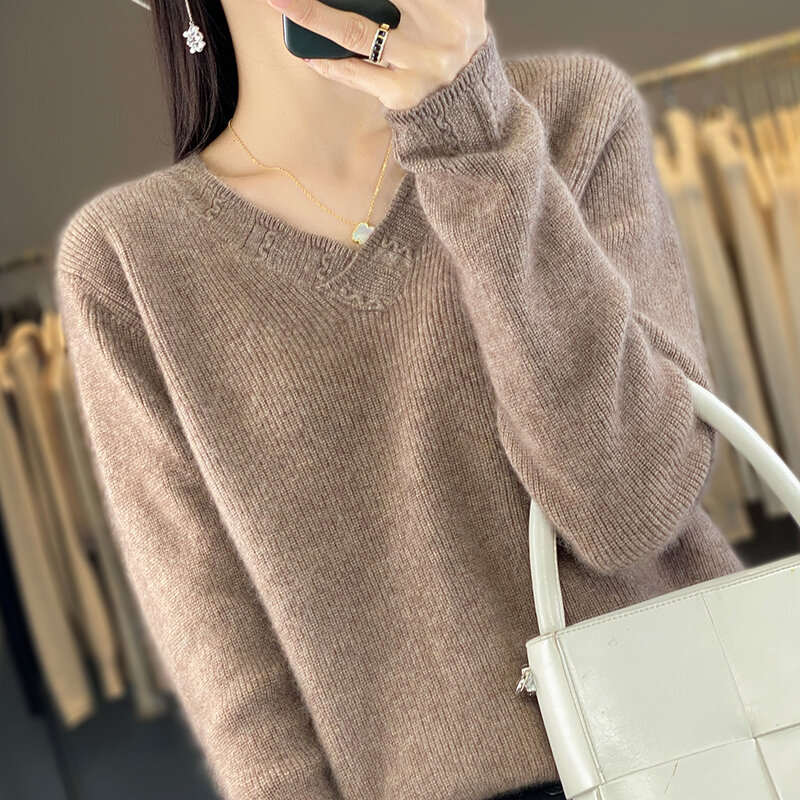 Autumn New Solid Color V-Neck 100 Wool Knitted Bottoming Shirt Women's Loose Casual Joker Commuter Pullover Sweater