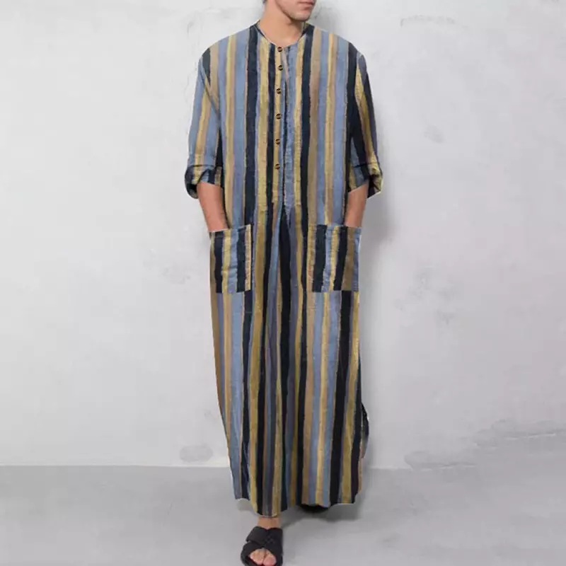 Muslim Men's Robe Casual Striped Print Long Loose All-match Kaftan Comfortable Long Sleeve Jubba Thobe Robes S-5XL