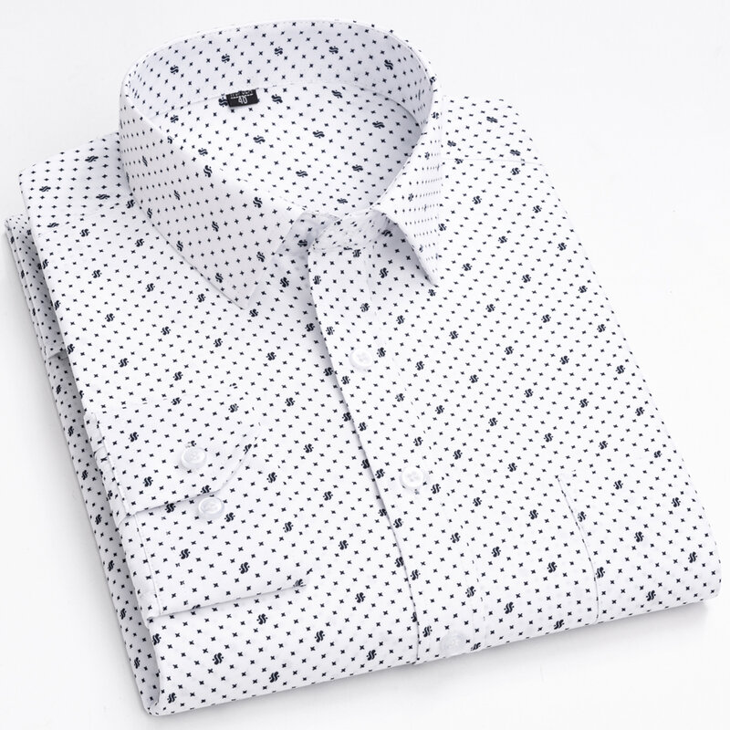 Camisas clásicas de manga larga para hombre, camisas de vestir básicas con estampado/a rayas, bolsillo de parche único, 65% algodón, camisa de oficina de negocios de ajuste estándar