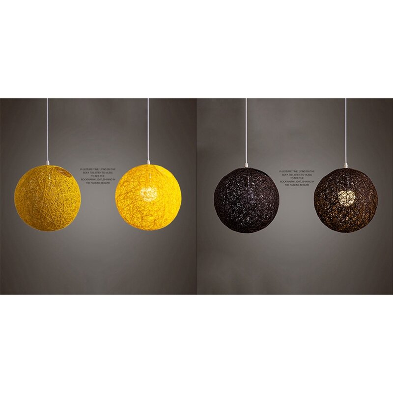 Lustre boule de bambou café/jaune, rotin et chanvre, sphère de créativité individuelle, lames, abat-jour accent en rotin, 2 pièces