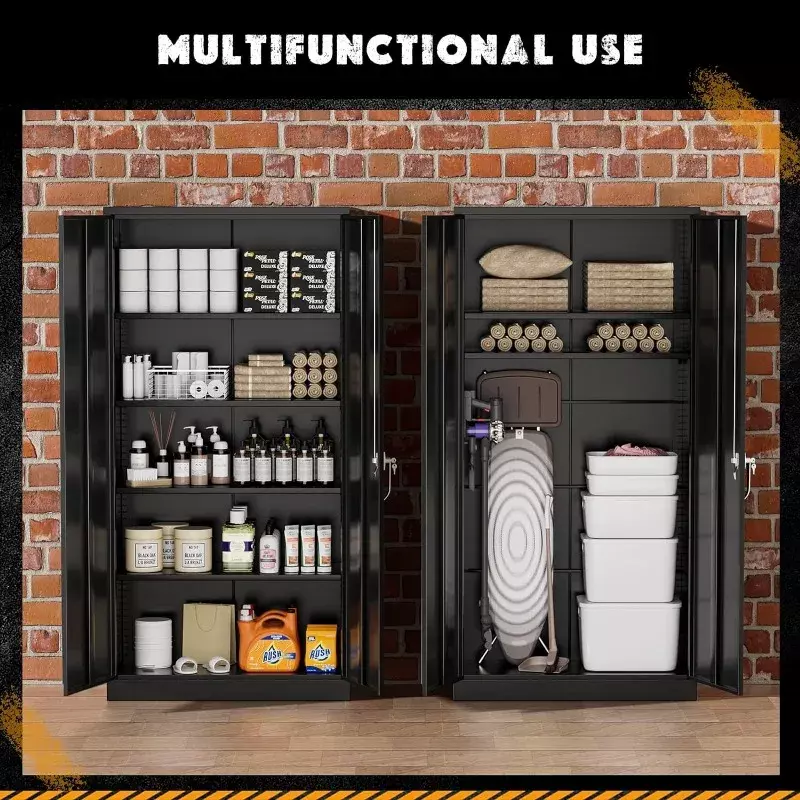 Металлические шкафы для хранения 72 дюйма, черный гаражный стальной шкаф для хранения с дверями и полками, металлический шкаф для инструментов